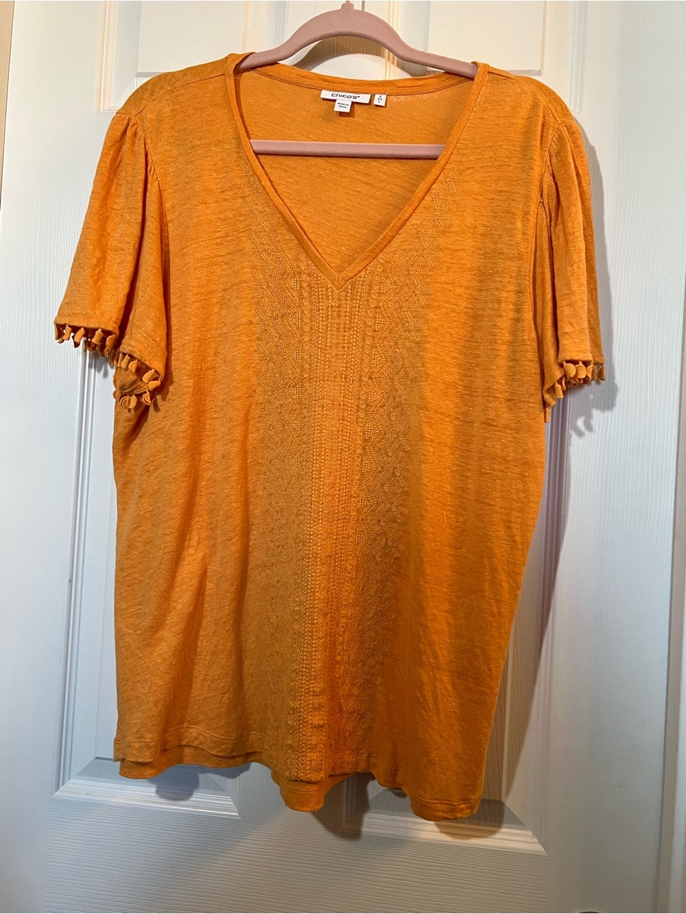 Chico's Orange V-Neck Short Sleeve Tee with Tassel Trim size medium
